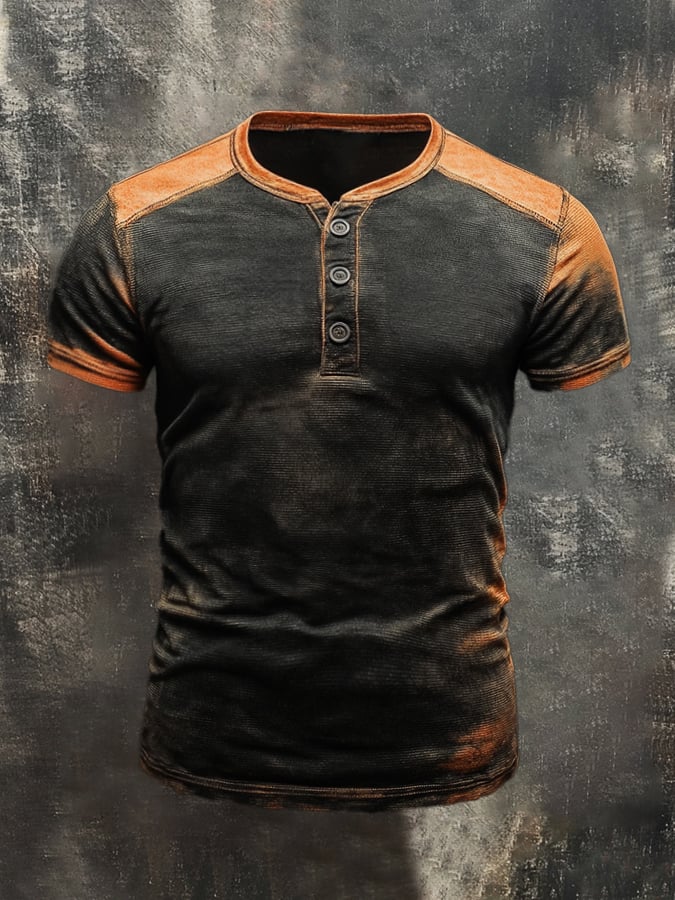Men's Retro Washed Colorblock Casual Henley Short Sleeve T-Shirt