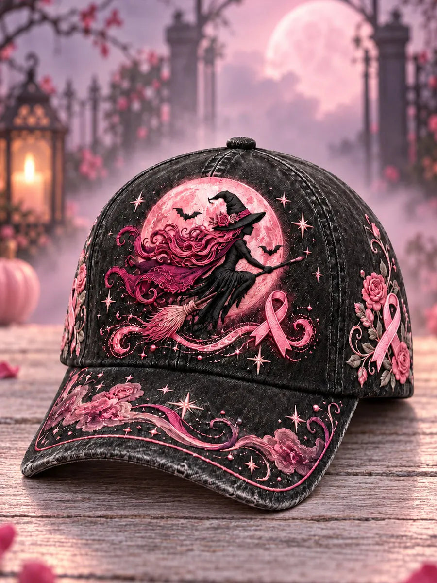 Women’s Pink October Moonlight Flying Witch Floral Baseball Cap