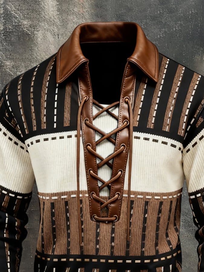 Men'S Fashion Color-Block Long-Sleeve Sweatshirt With Leather Paneling, Lace-Up Detail, And Collar