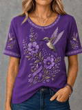 Women's Retro Hummingbird And Floral Print Comfortable T-Shirt