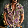 Men's Peace Symbol Hippie Patchwork Print Short Sleeve Buttons Shirt
