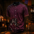 Men's Skeleton Couple And Maroon Florals Day of the Dead Print Stand Collar Short Sleeve Shirt
