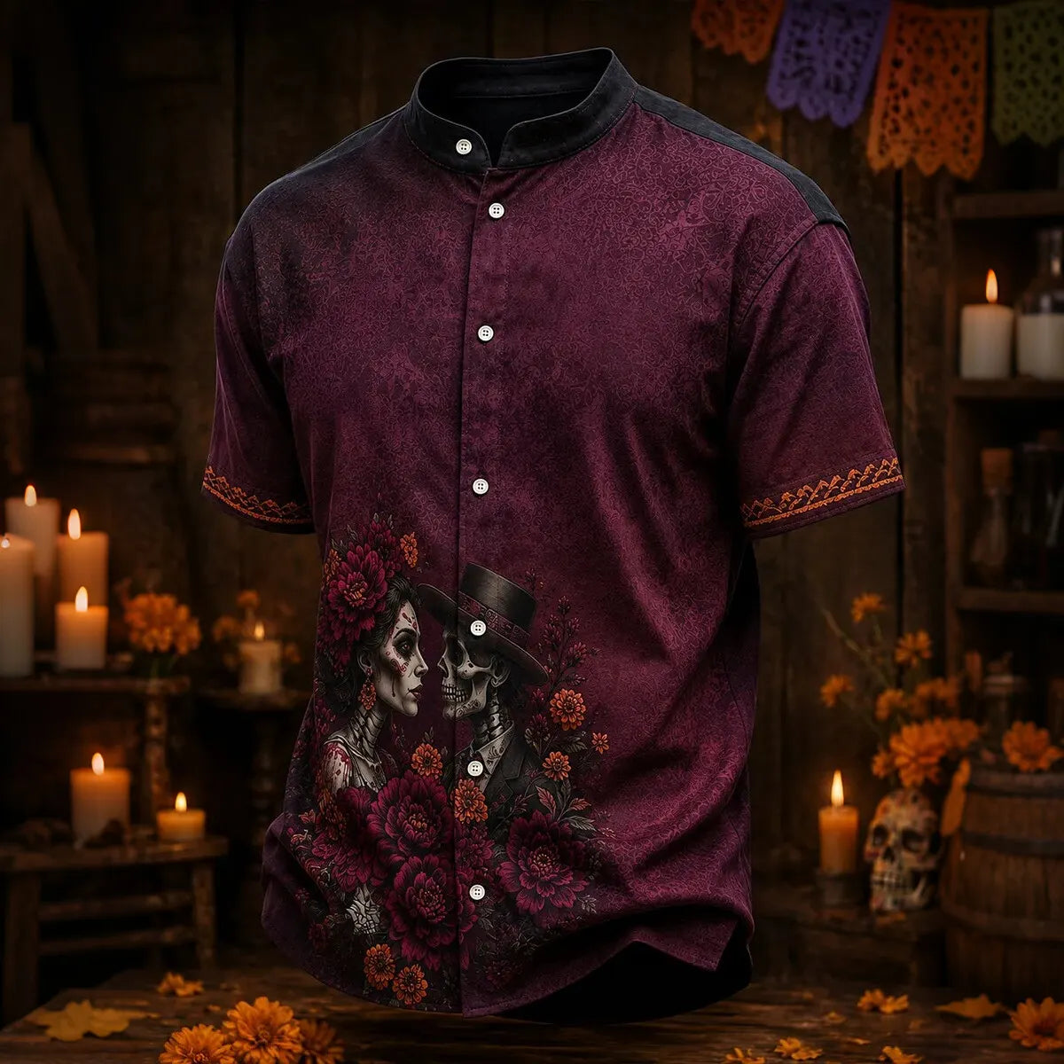 Men's Skeleton Couple And Maroon Florals Day of the Dead Print Stand Collar Short Sleeve Shirt