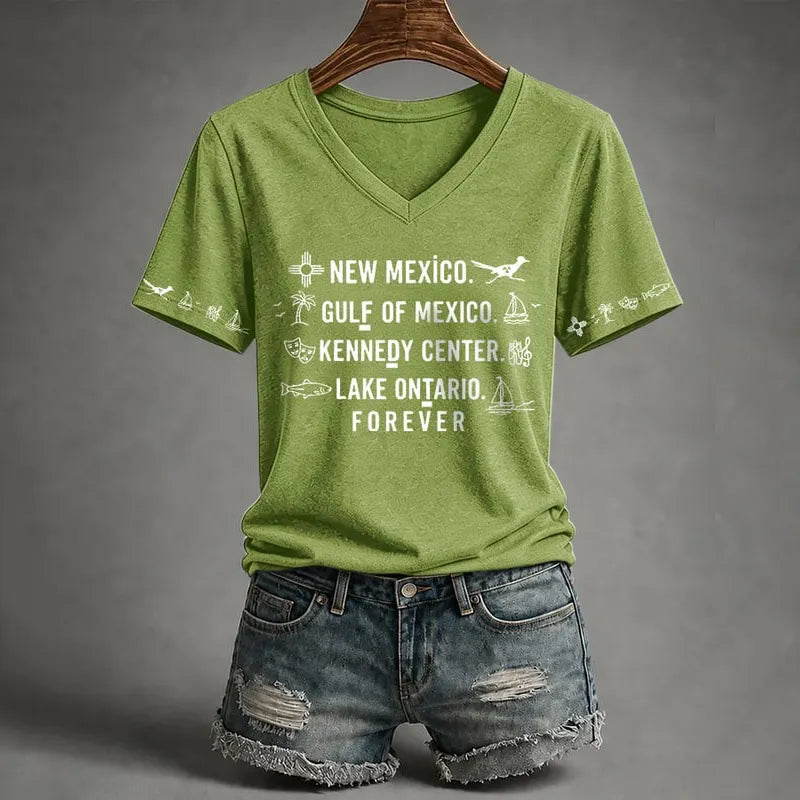 V-neck Retro New Mexico, Gulf Of Mexico, Kennedy Center, Lake Ontario, Forever Fdt Print T-shirt