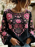 Women's Day Of The Dead Sugar Skull Pink Rose Print Lantern Sleeve Top