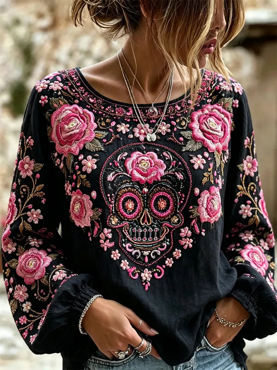 Women's Day Of The Dead Sugar Skull Pink Rose Print Lantern Sleeve Top