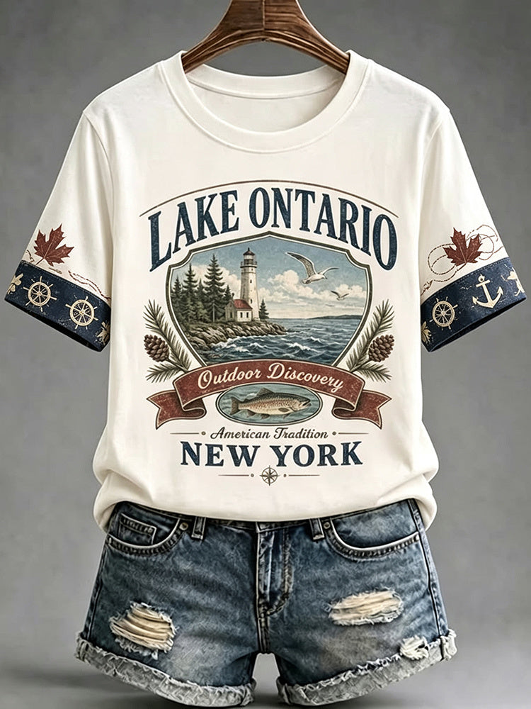 Women's Casual Retro Lake Ontario Landscape Print Crew Neck T-shirt
