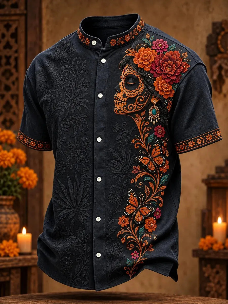 Men's Day Of The Dead Female Sugar Skull Lush Warm‐Toned Blooms Butterfly Graphic Stand Collar Short Sleeve Shirt