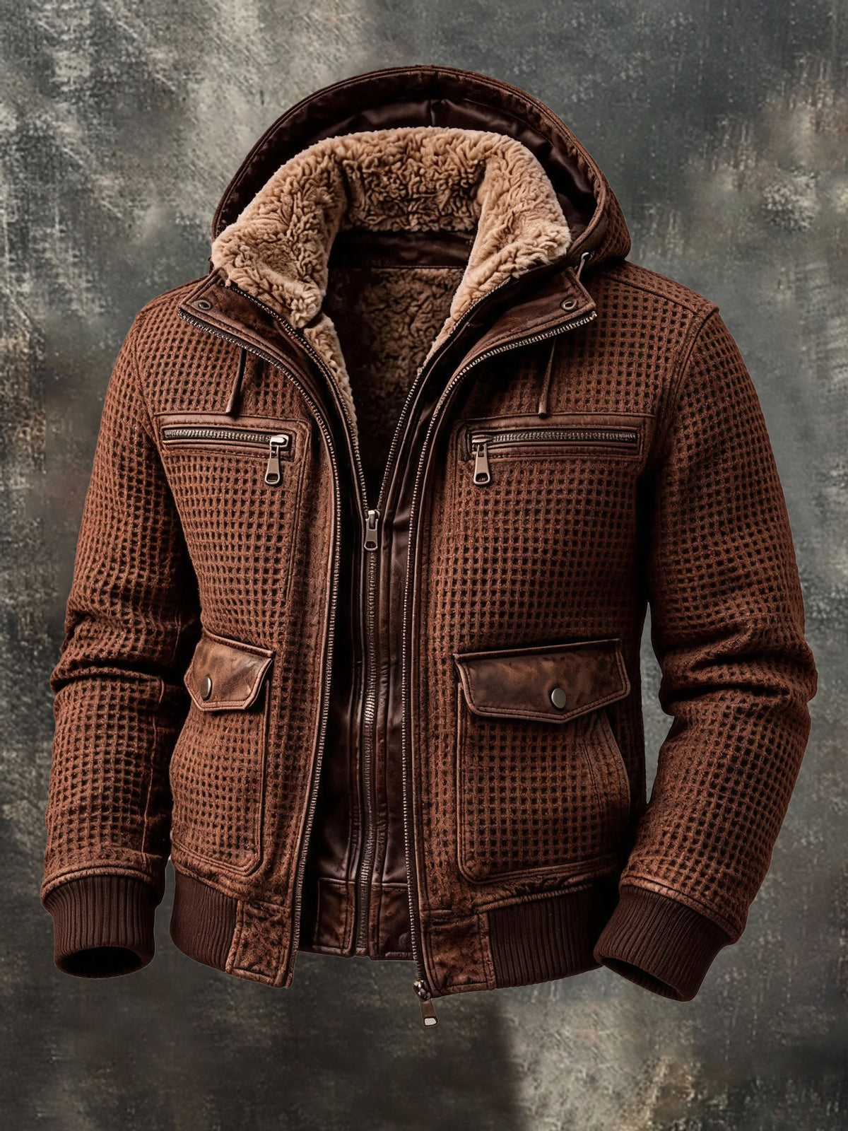 Men's Retro Waffle-Knit & Plush Patchwork Thermal Faux-Layered Jacket
