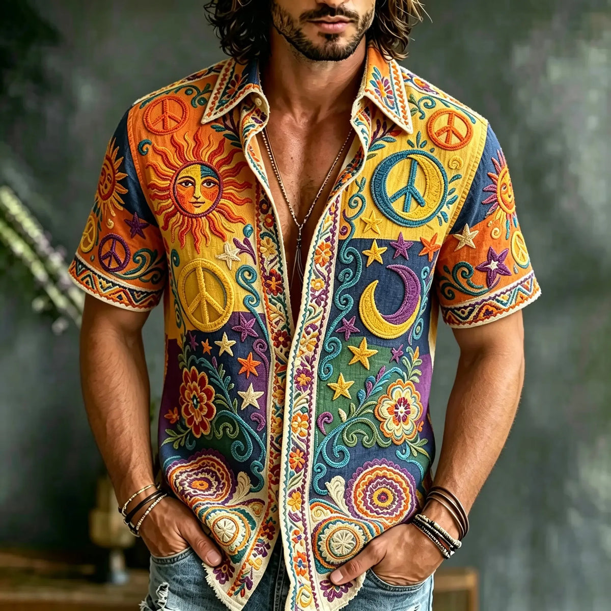 Men's Boho Hippie Sun Peace Sign Print Short Sleeve Buttons Shirt