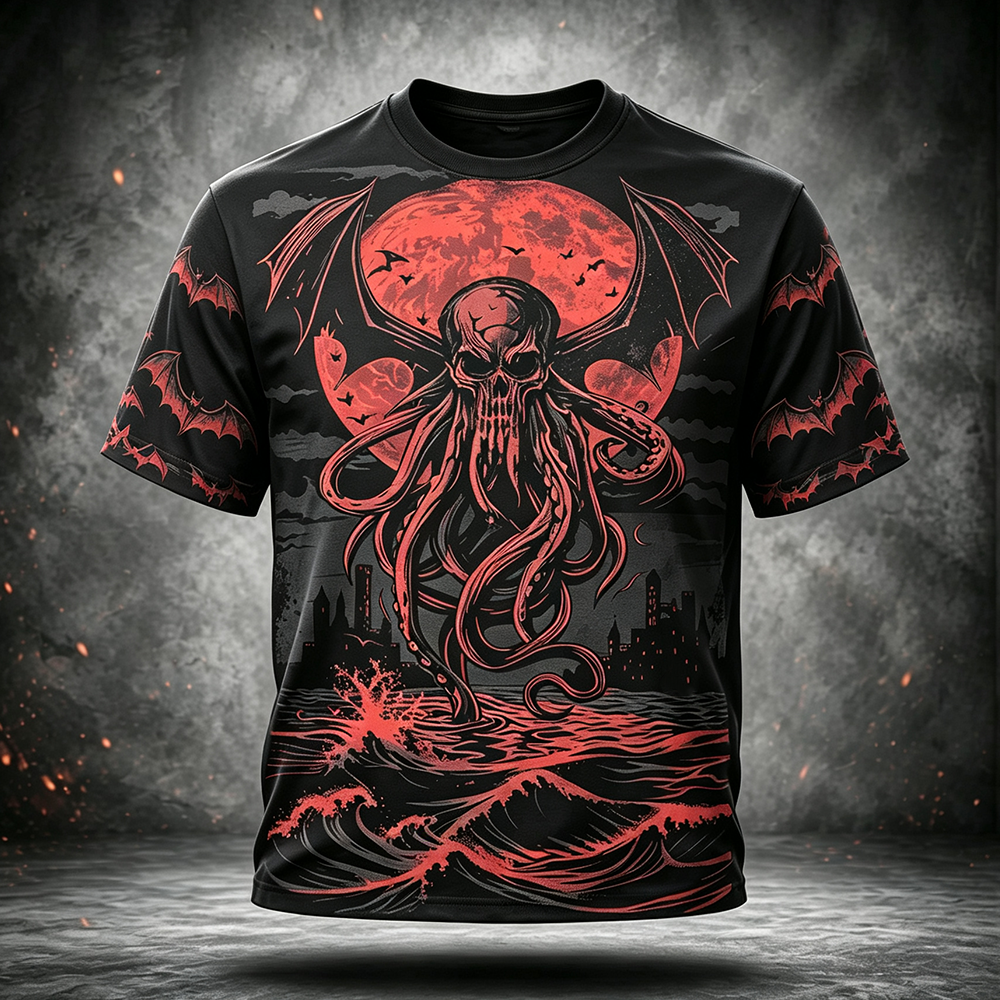 Men's Short Sleeve T-shirt Featuring Tentacled Skull Monster, Giant Moon, And Ocean Waves