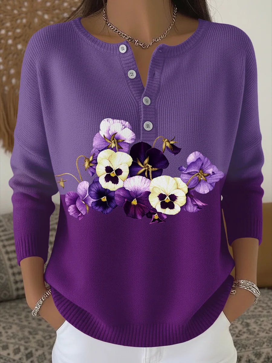 Women's Retro Purple Floral Pattern Long Sleeve Top