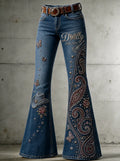 Women's Dolly Parton Butterfly Paisley Guitar Printed Flare Jeans