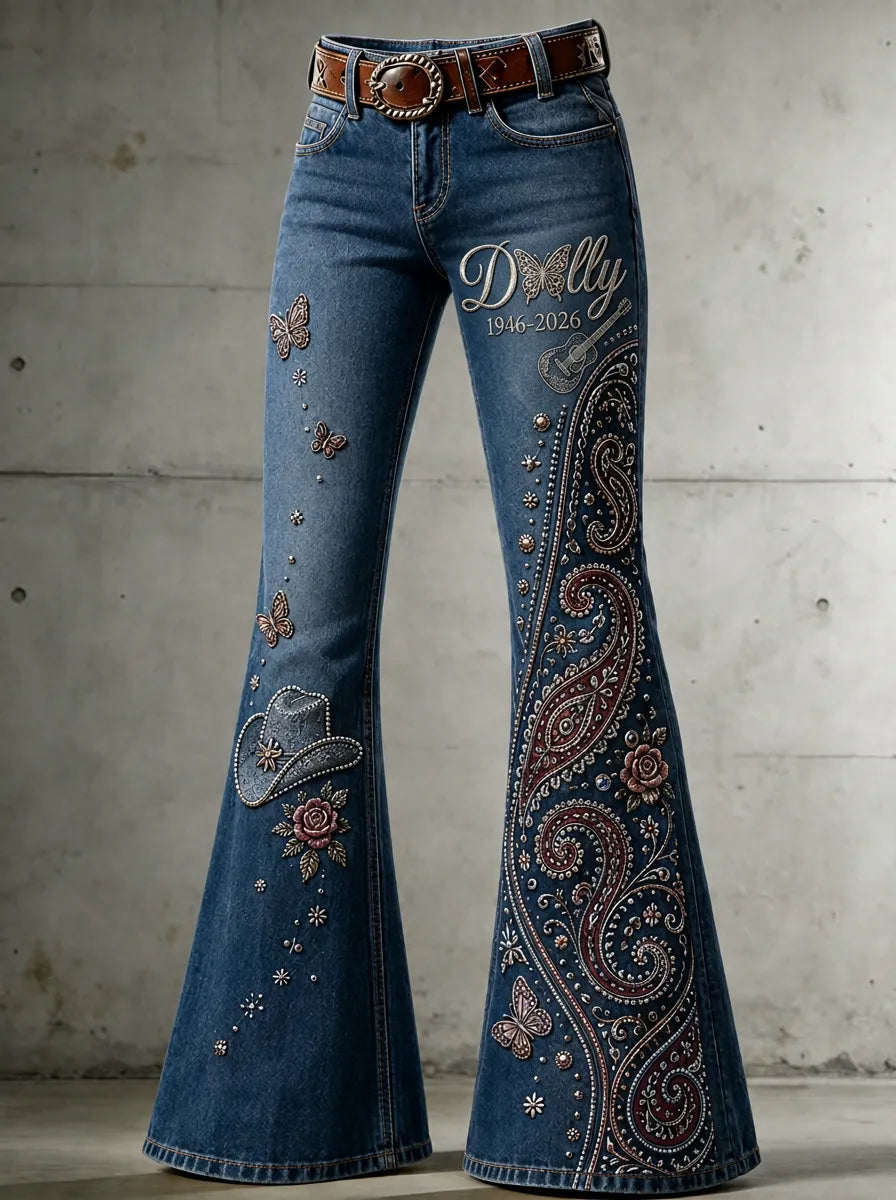Women's Dolly Parton Butterfly Paisley Guitar Printed Flare Jeans