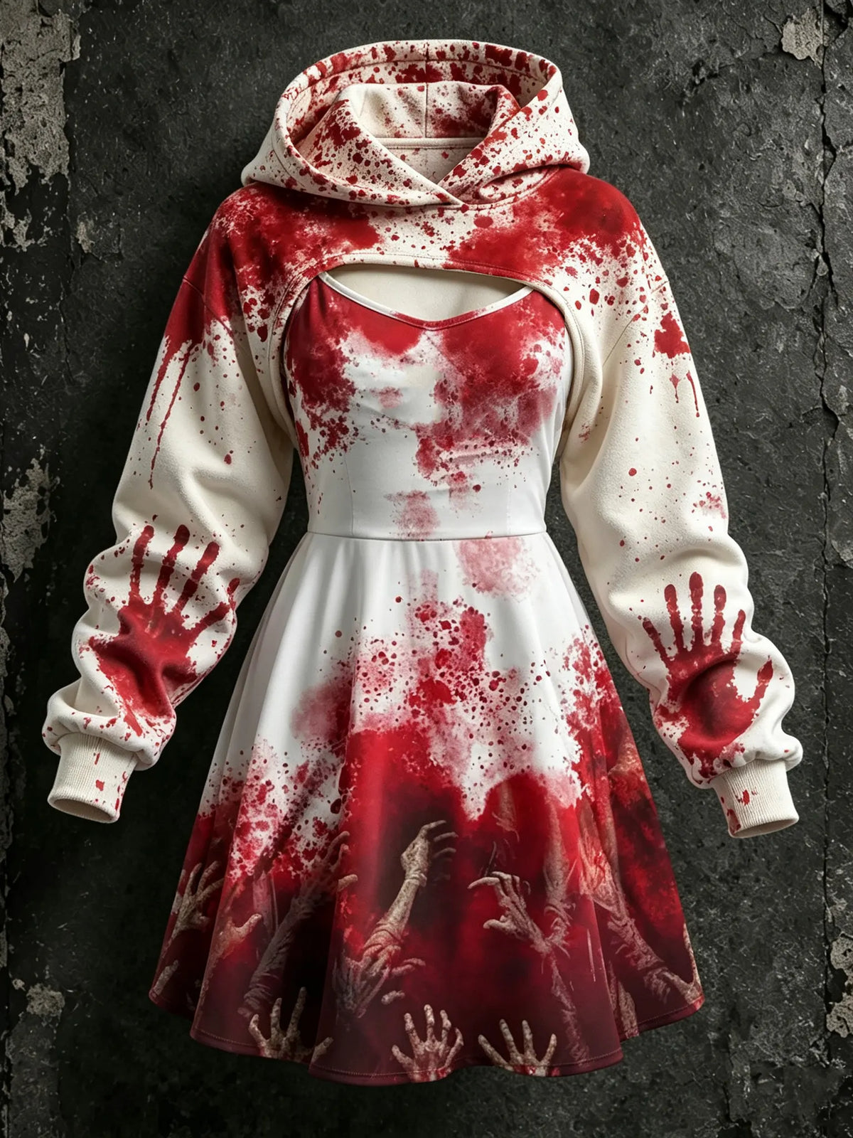 Women's Retro Halloween Bloodstain Hand Print Hoodie Suspender Dress Two-piece Set