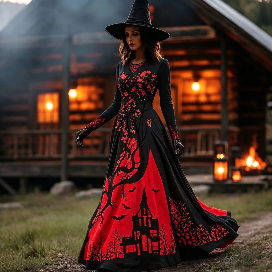 Women's Halloween Gradient Treehouse Design  V-neck Maxi Dress