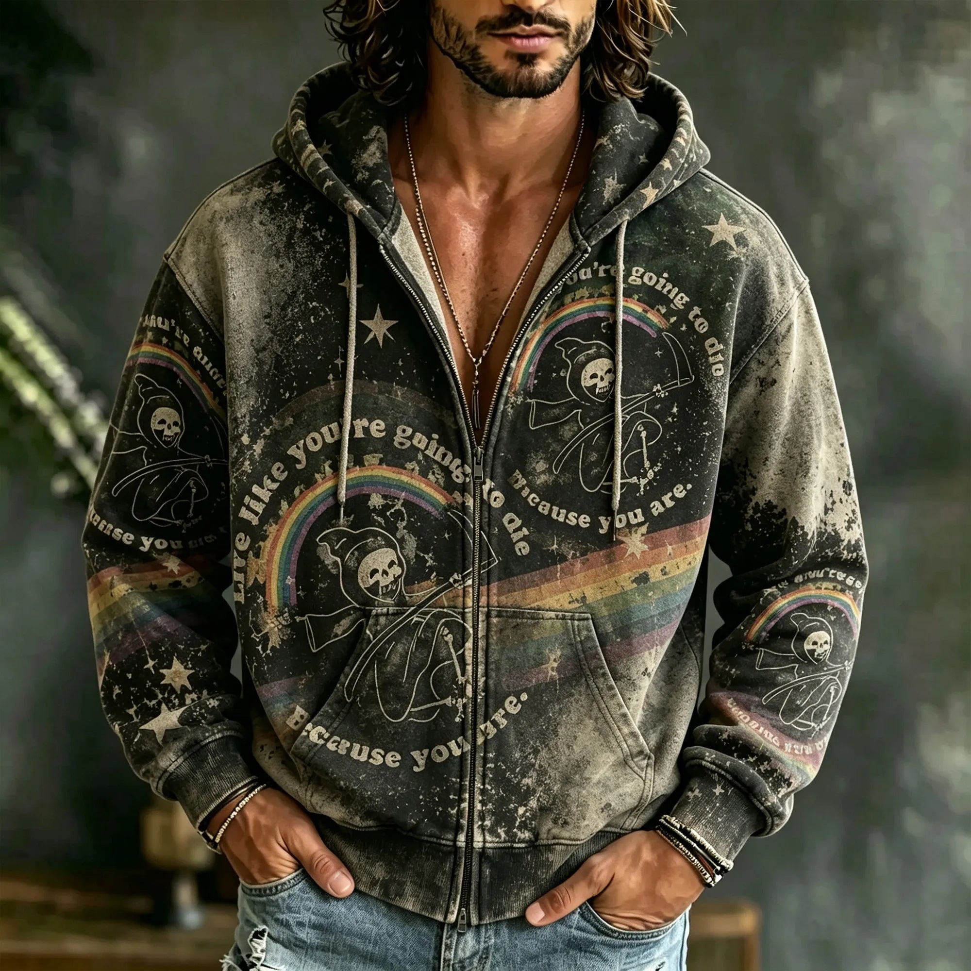 Men's Retro Washed Distressed Hippie Death Rainbow Pattern Casual Hooded Sweatshirt