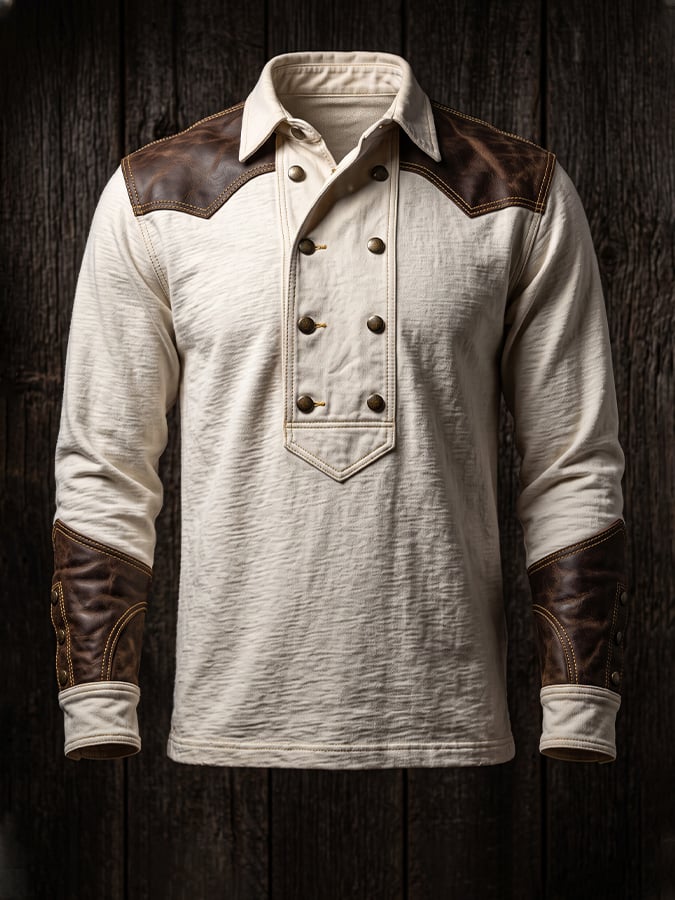 Men's Vintage Double-Breasted Polo Shirt with Leather Paneling