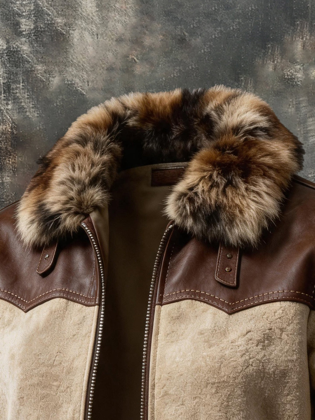Men’s Vintage-Style Color-Block Leather-Paneled Jacket with Fur Collar