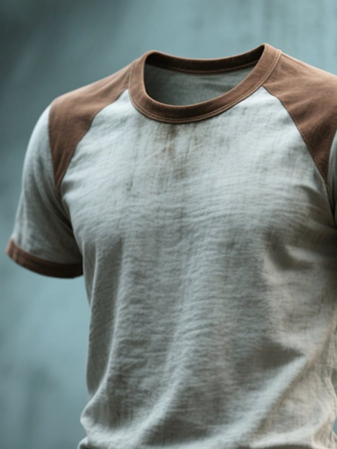 Men's round-neck T-shirt with washed seams in contrasting color in retro style, short sleeves