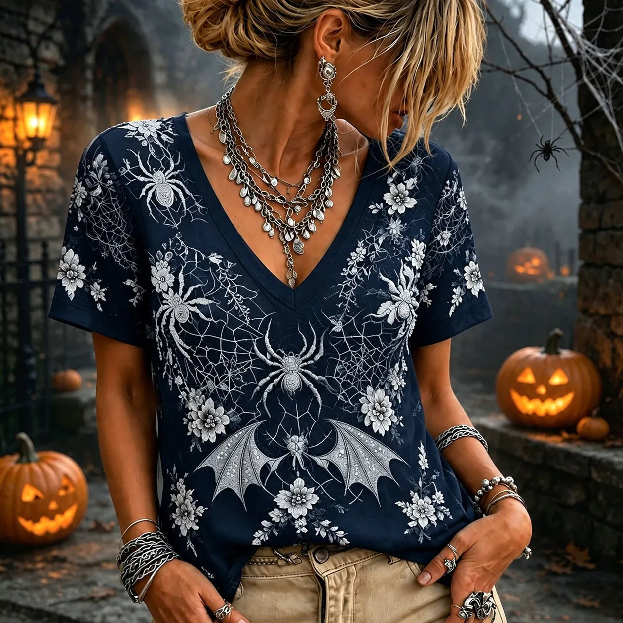 Women 3d Silver Spider Bat Floral Lace Mesh V Neck Short Sleeve Gothic Witch Halloween Top