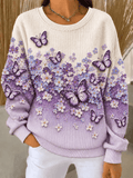 Women's 3D Pastel Purple Butterfly & Lavender Floral" Rib-Knit Off-White Sweatshirt