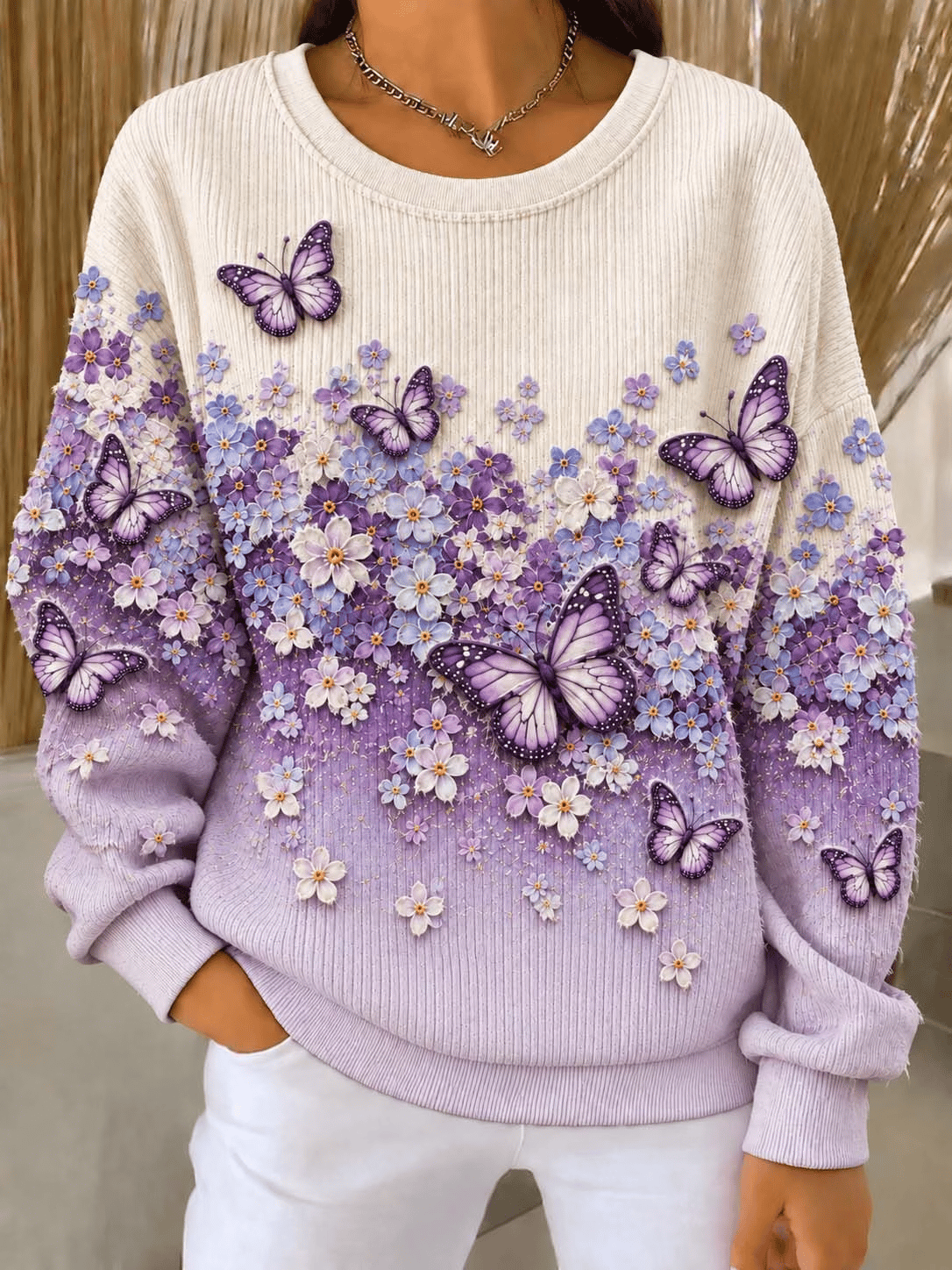 Women's 3D Pastel Purple Butterfly & Lavender Floral" Rib-Knit Off-White Sweatshirt