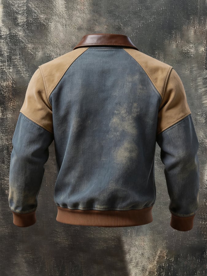 Men'S Retro Color-Block Sweatshirt With Contrast Leather Panels And Collar