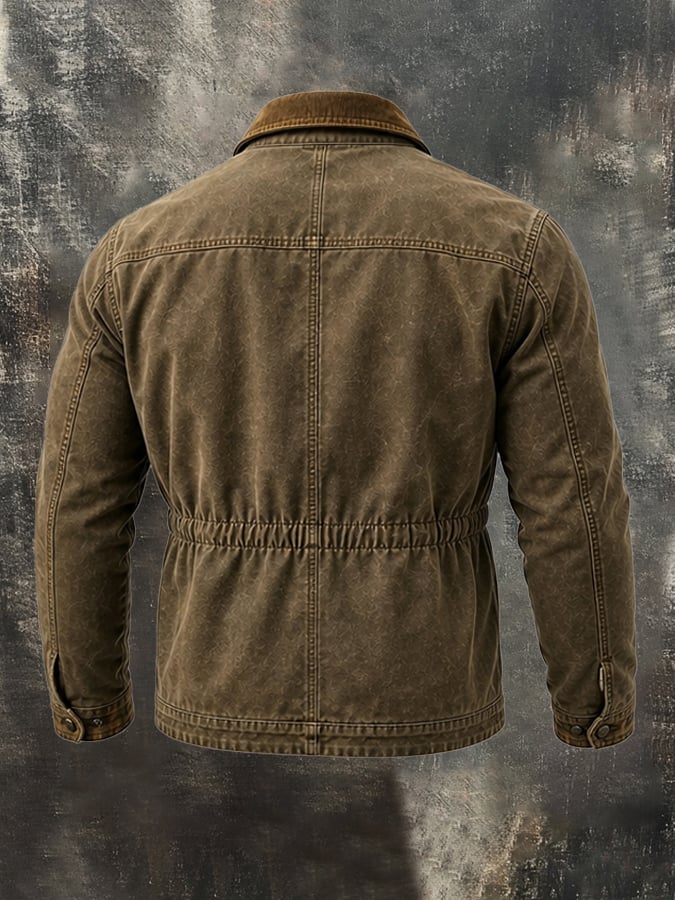 Men'S Vintage Distressed Multi-Pocket Jacket With Plaid Paneling