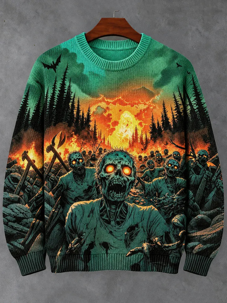 Men's Retro Halloween Zombie Print Casual Knit Sweater