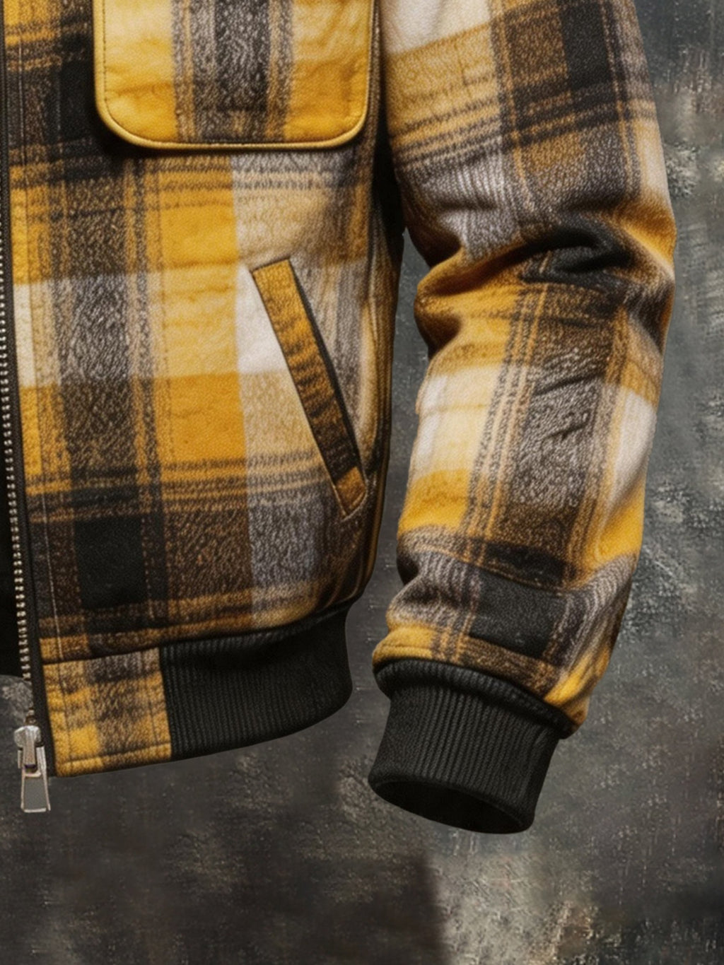 Men's Retro Plaid Jacket with Leather Paneling and Multiple Pockets