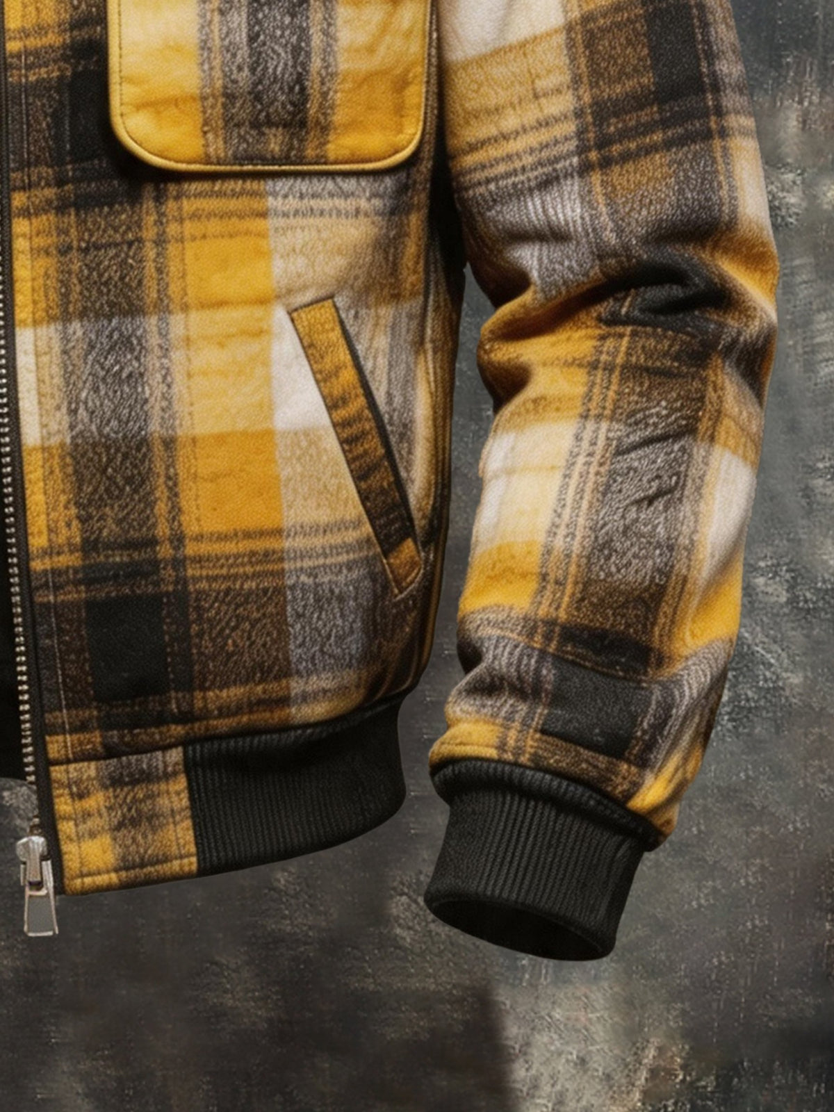 Men's Retro Plaid Jacket with Leather Paneling and Multiple Pockets