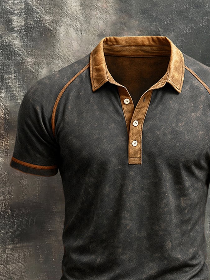 Men's retro raglan sleeve polo shirt with color block design