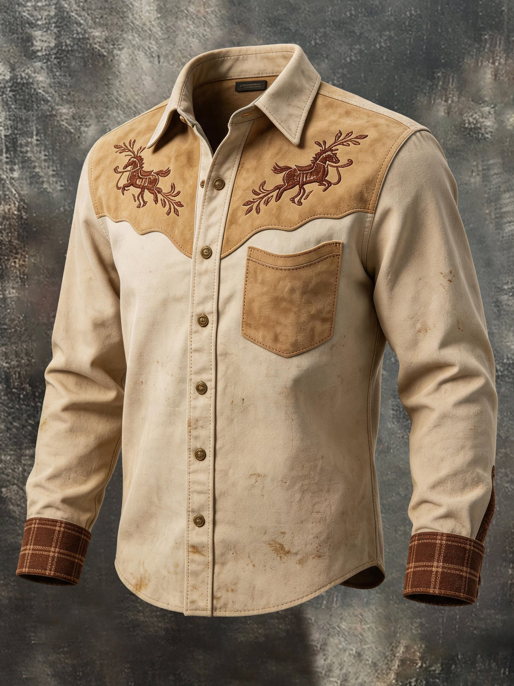 Men's Retro Color-Block Western Shirt with Suede Paneling and Single Pocket
