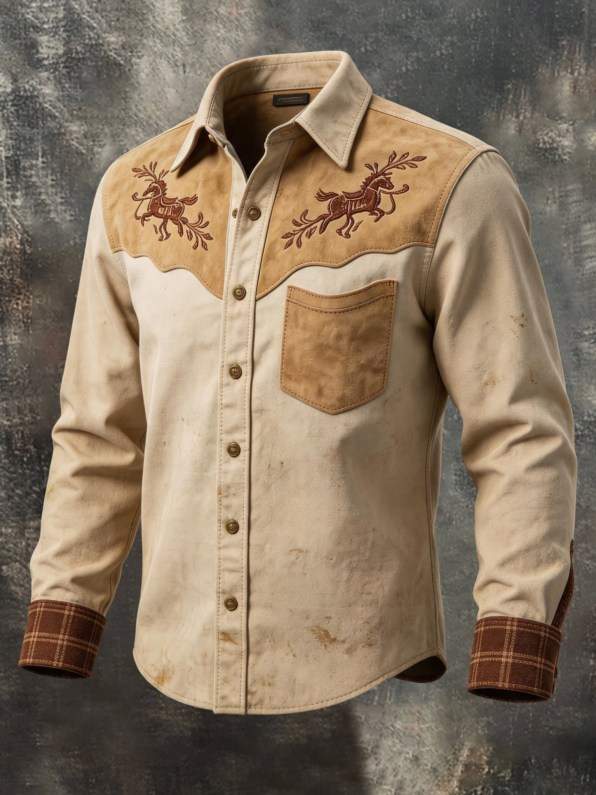 Men's Retro Color-Block Western Shirt with Suede Paneling and Single Pocket