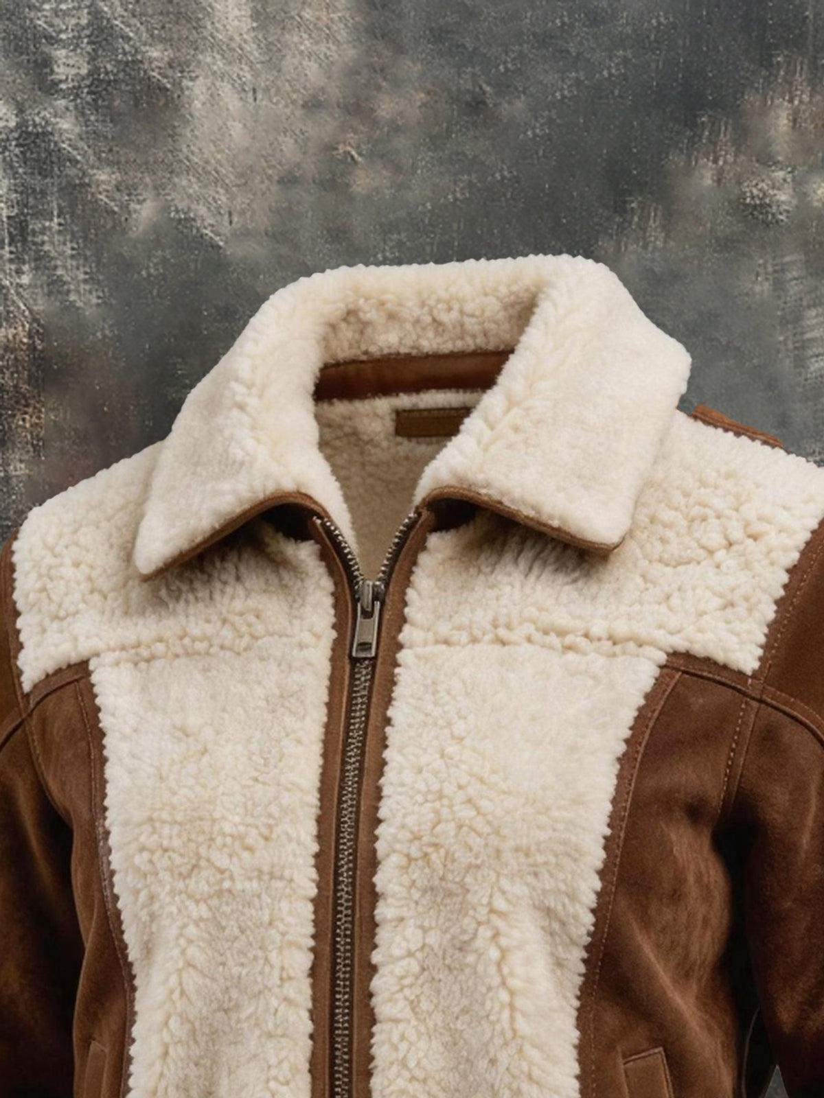 Men’s Vintage-Style Leather-Paneled Shearling Jacket with Contrasting Lapel