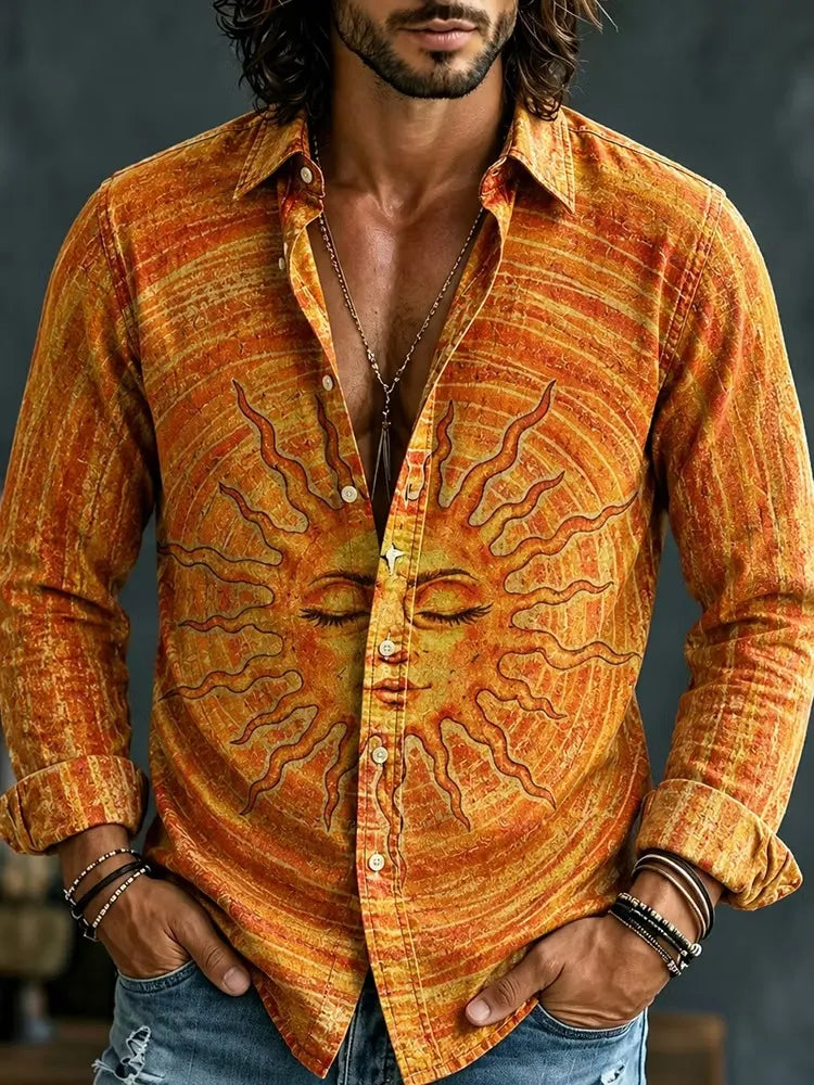 Men's Orange Closed‐Eye Sun Portrait Print Long Sleeve Shirt
