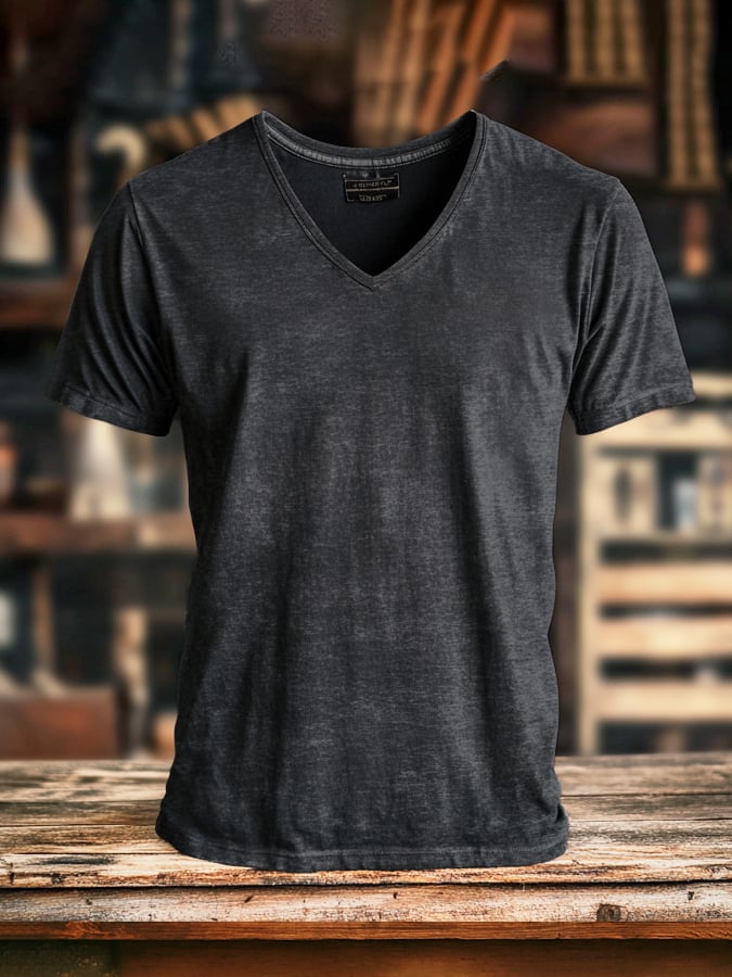 Men's Vintage Distressed Washed Enzyme Washed V-Neck Short Sleeve T-Shirt