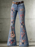 Women's Dolly Parton Guitar Butterfly Quilt Printed Flare Jeans