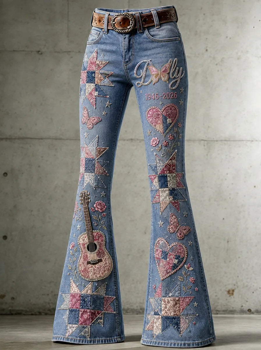 Women's Dolly Parton Guitar Butterfly Quilt Printed Flare Jeans