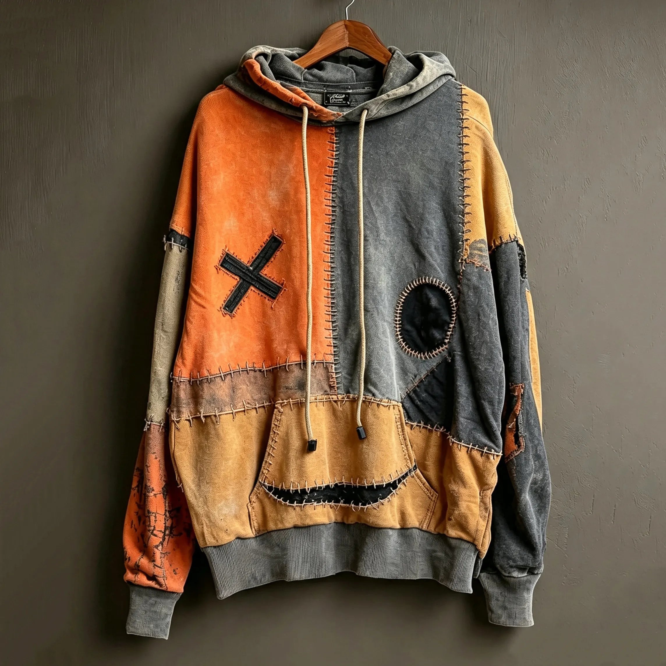 Men's Retro Halloween Smiley Face Patchwork Warm Hoodie