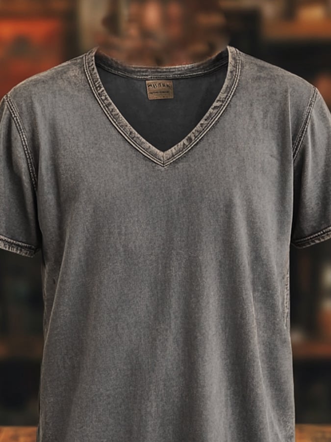 Men's Vintage Distressed Washed Enzyme Washed V-Neck Short Sleeve T-Shirt