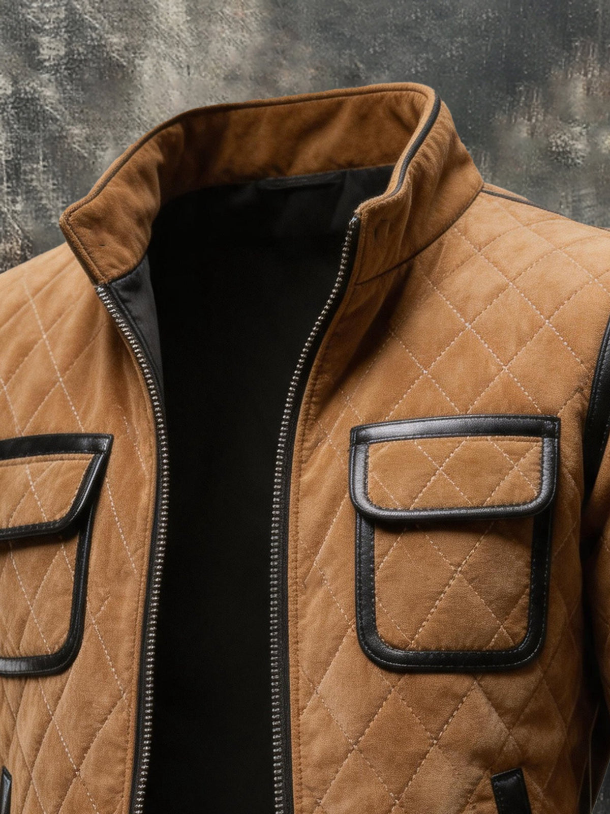 Men’s Vintage Quilted Diamond-Pattern Jacket with Leather Trim and Stand-Up Collar