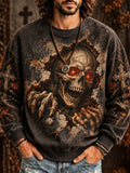 Men's Vintage-wash Distressed Halloween Skull Crewneck Sweatshirt