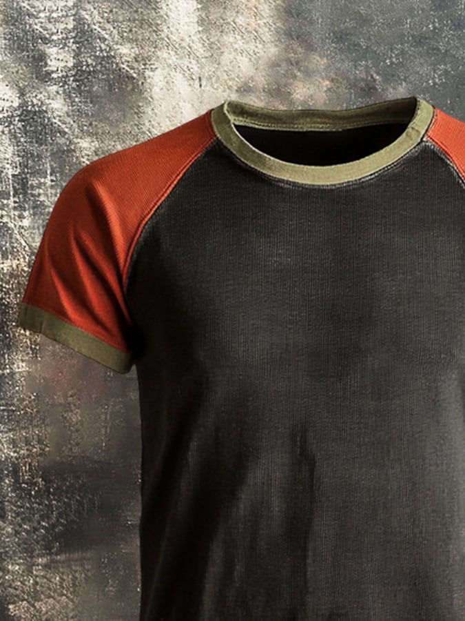Men's round-neck raglan-sleeved T-shirt in color block style