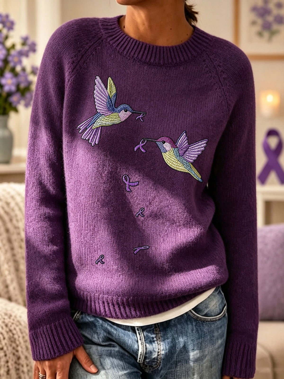 Women's Alzheimer's Awareness: Flowers And Hummingbird Printed Casual Sweatshirt