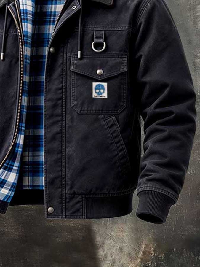 Men'S Retro Color-Block Plaid Hooded Utility Jacket With Zipper