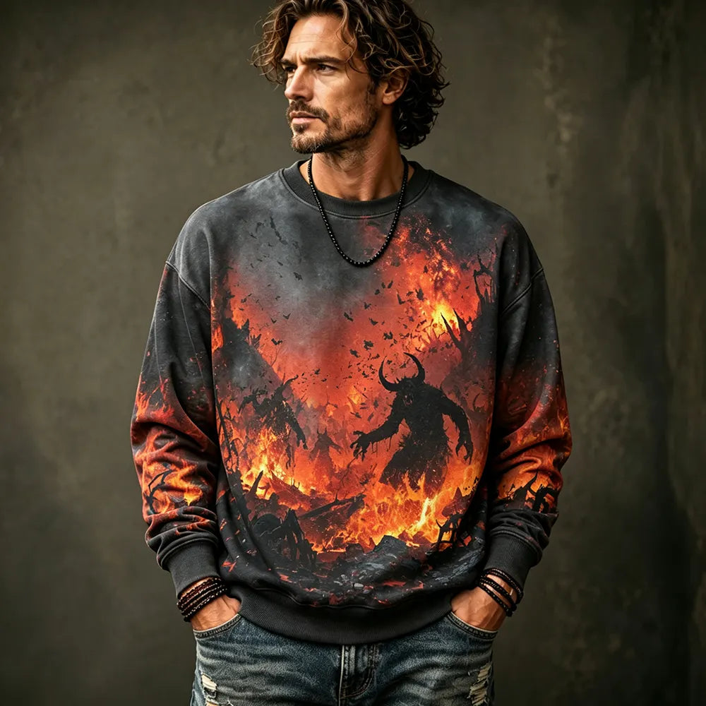 Men's Casual Crewneck Sweatshirt Featuring Demon Silhouette In Hellfire And Bats