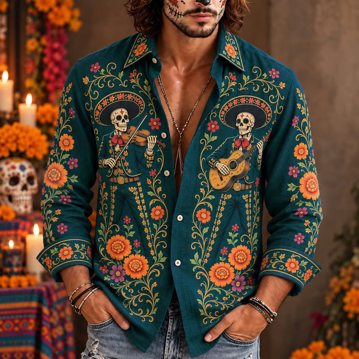 Men‘s Retro Mexico Day Of The Dead Sugar Floral Skull Printed Long-sleeved Shirt