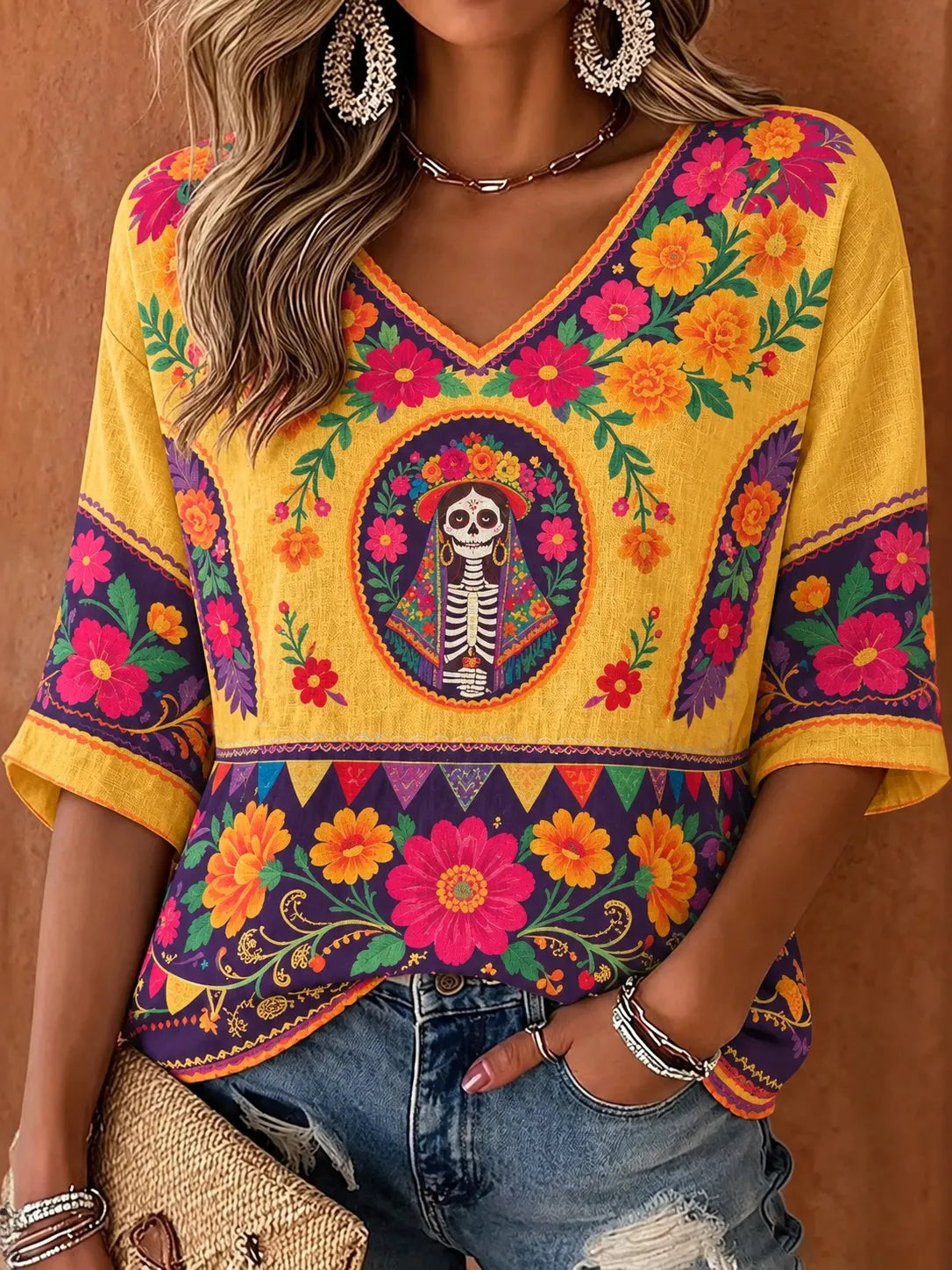 Vintage Mexico's Day Of The Dead Sugar Skull Floral Art Print Long Sleeve T-shirt